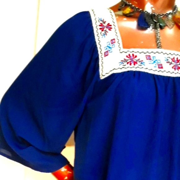 Flying Tomato 3/4 Length Sleeve Navy Blue Embroidered Boho Chic Blouse Sz L - Picture 4 of 10